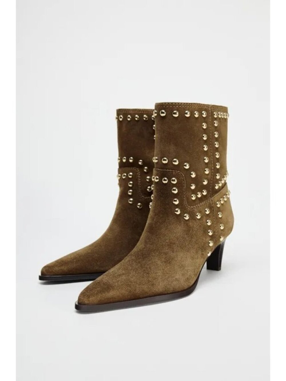 Zara Womens Suede Ankle Boots Studded EU 38 US 7.5 Brown Pointed 2105/510 NWOB